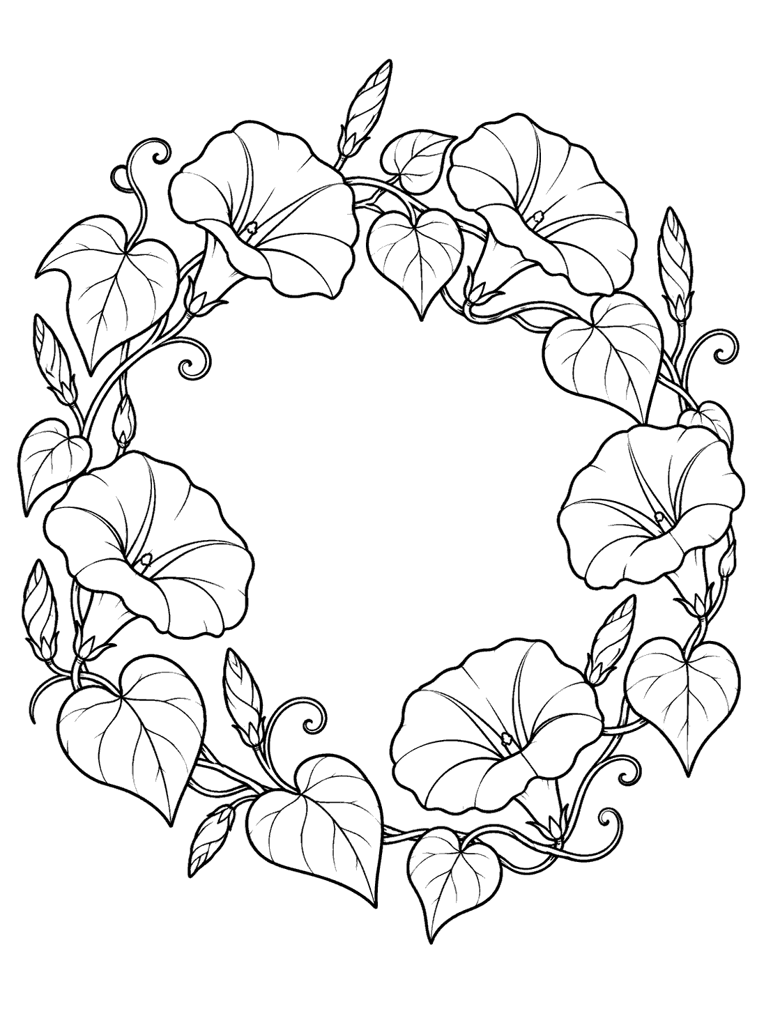 Black-and-white coloring page of trumpet-shaped morning glory blooms, buds, and heart-shaped leaves arranged in a loose circular wreath with an open center.