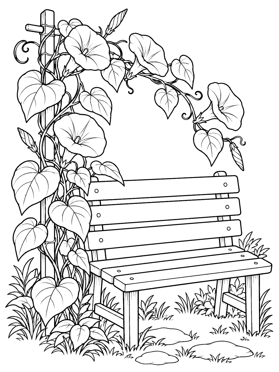 Black-and-white coloring page of a garden bench framed by morning glory flowers and leaves.