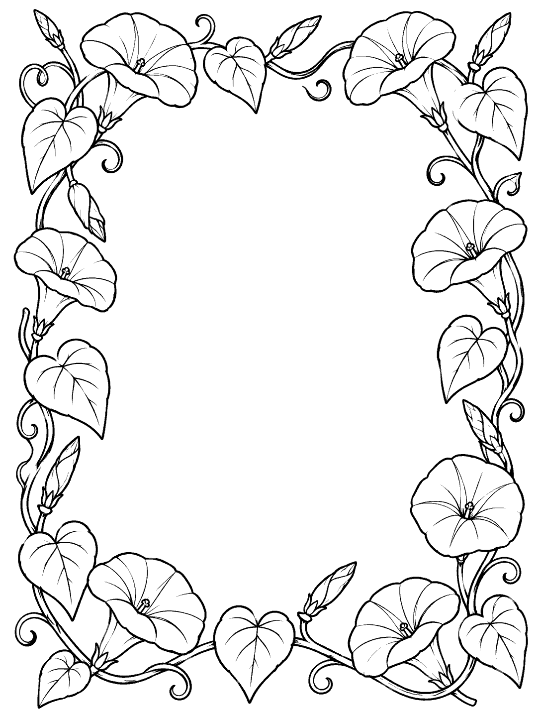 Black outline coloring page with trumpet-shaped morning glory flowers, leaves, and curling vines framing a blank center.