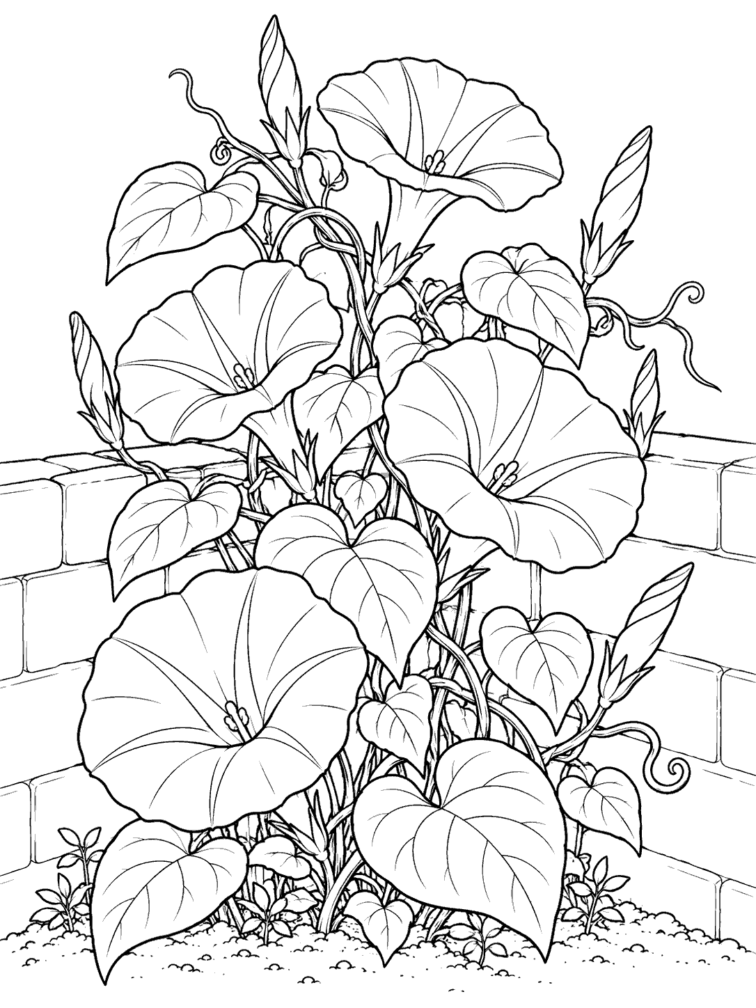 Black-and-white morning glory coloring page with open trumpet flowers, buds, broad leaves, and vines growing beside two low intersecting garden walls.