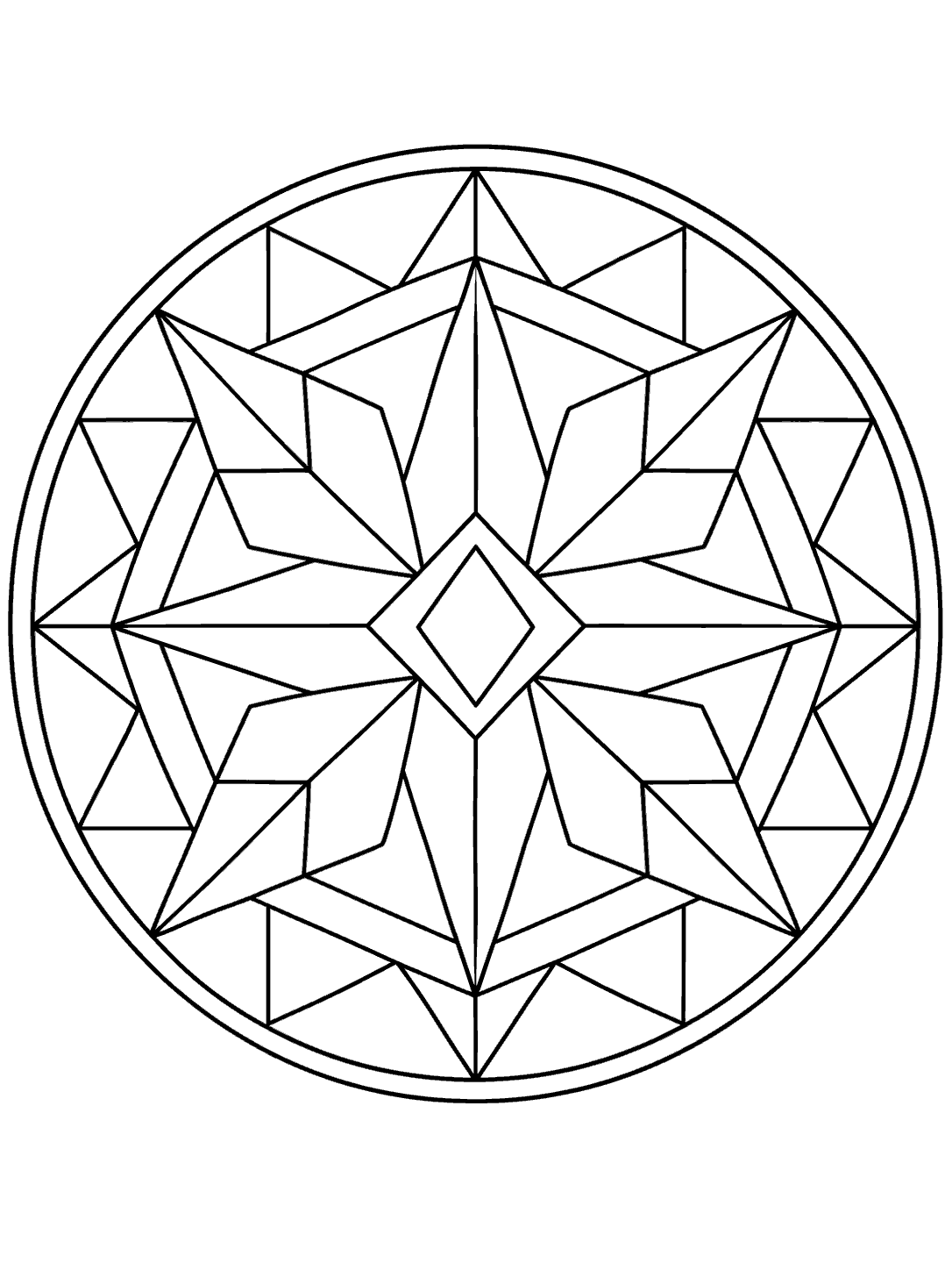 Printable geometric mosaic coloring page with open shapes arranged in a circular medallion