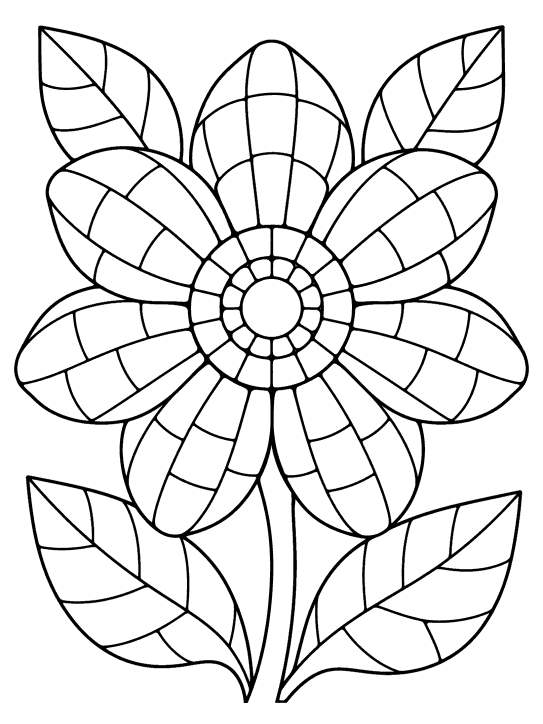 Printable floral mosaic coloring page with a large segmented flower, spacious petals, and mosaic leaves.
