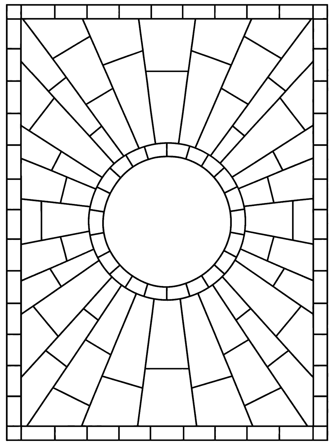 Printable sunburst mosaic coloring page with broad segmented rays, a large open center, and a simple rectangular border