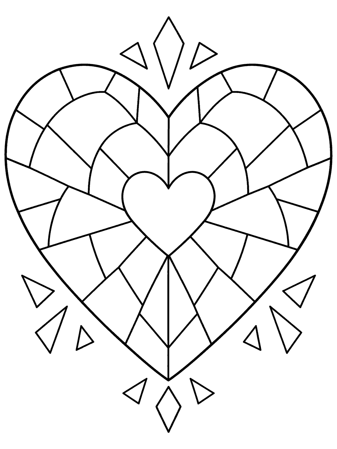 Printable black-outline coloring page showing a large mosaic heart with an inner heart and angular tile accents.