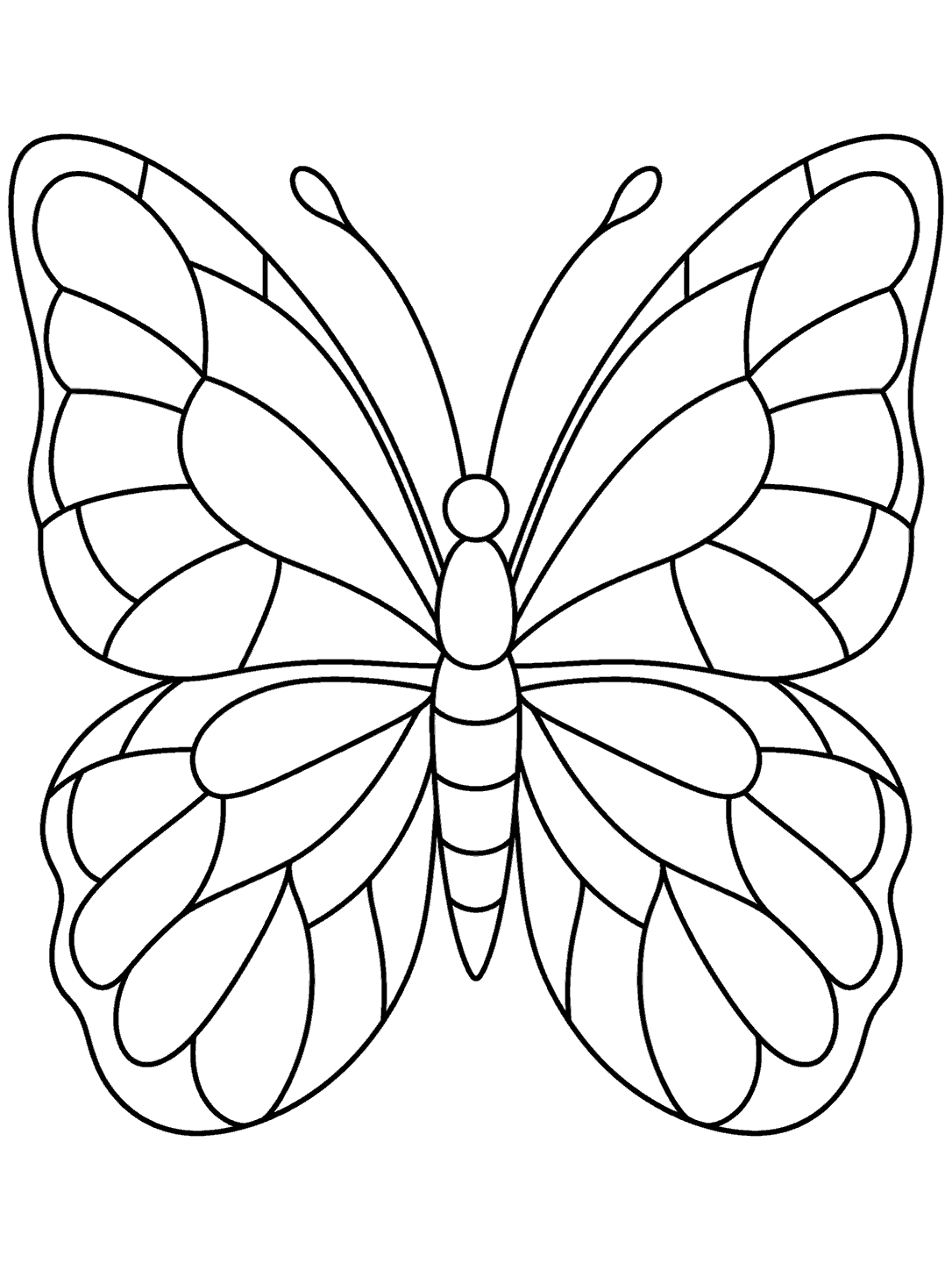 Printable butterfly mosaic coloring page with broad symmetrical patterned wings and curved antennae.