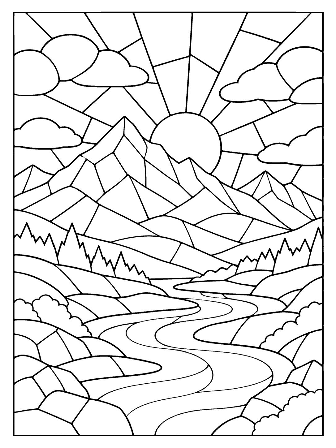 Portrait black-outline mosaic coloring page with layered mountains, clouds, a low sun, and a winding river.