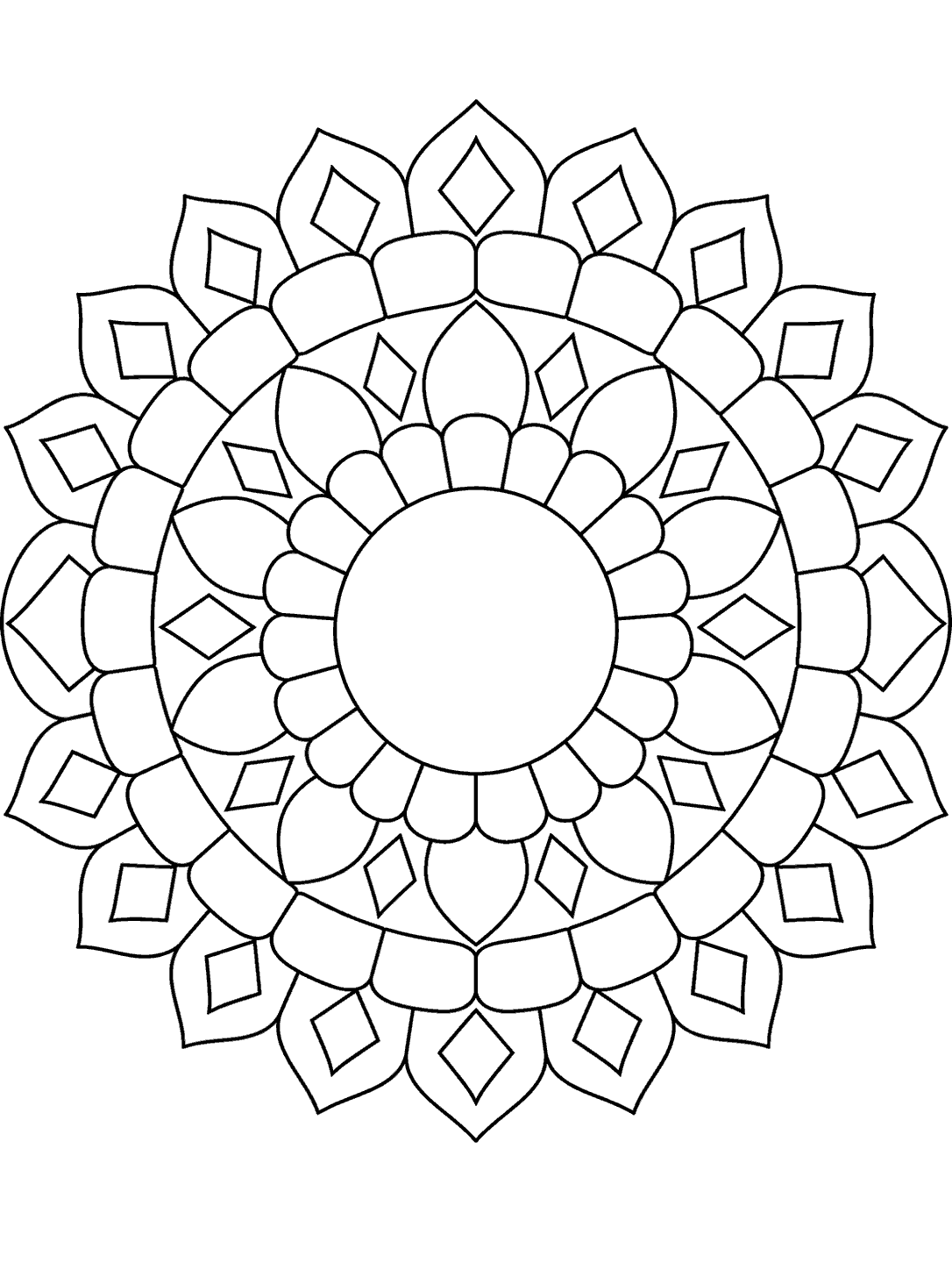 Printable mosaic mandala coloring page with a large open center and bold radial sections.