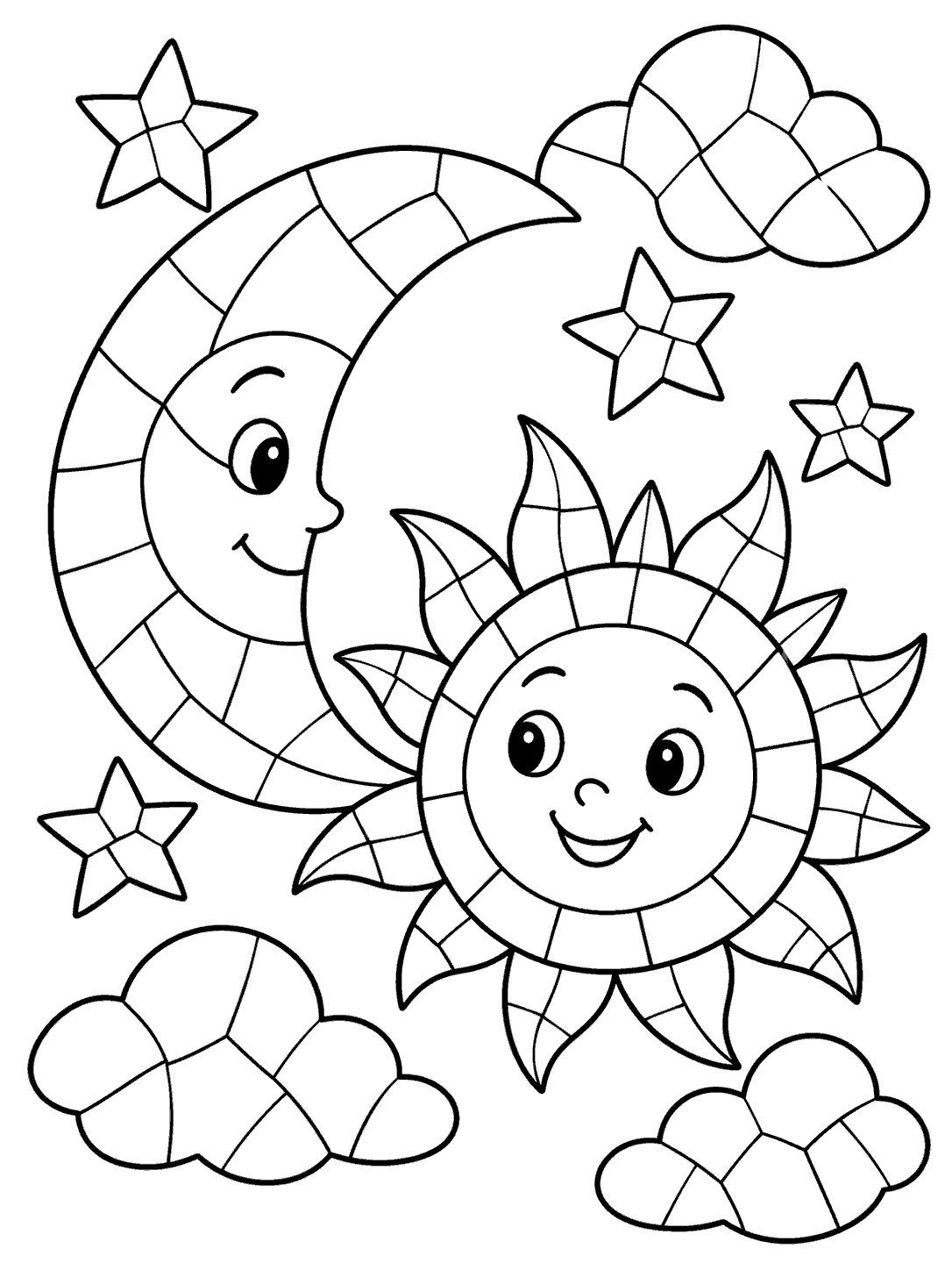 Black-outline mosaic coloring page featuring a smiling crescent moon, smiling sun, stars, and clouds.