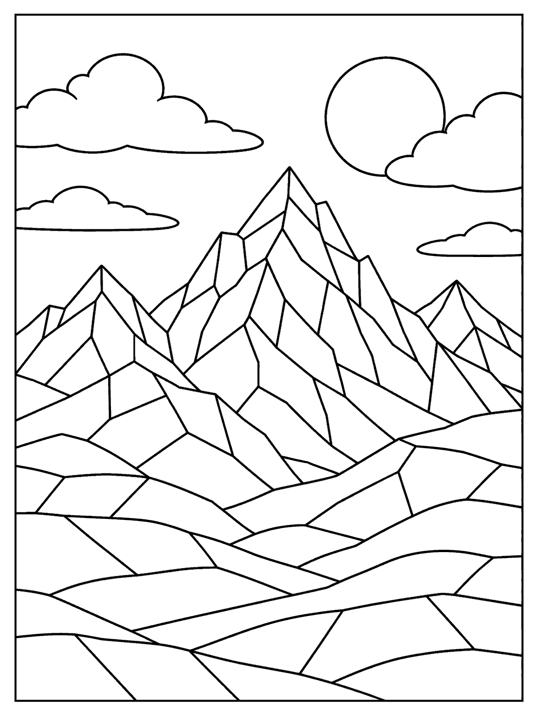 Printable mountain mosaic coloring page with a central peak, two smaller peaks, and angular foothill tiles.