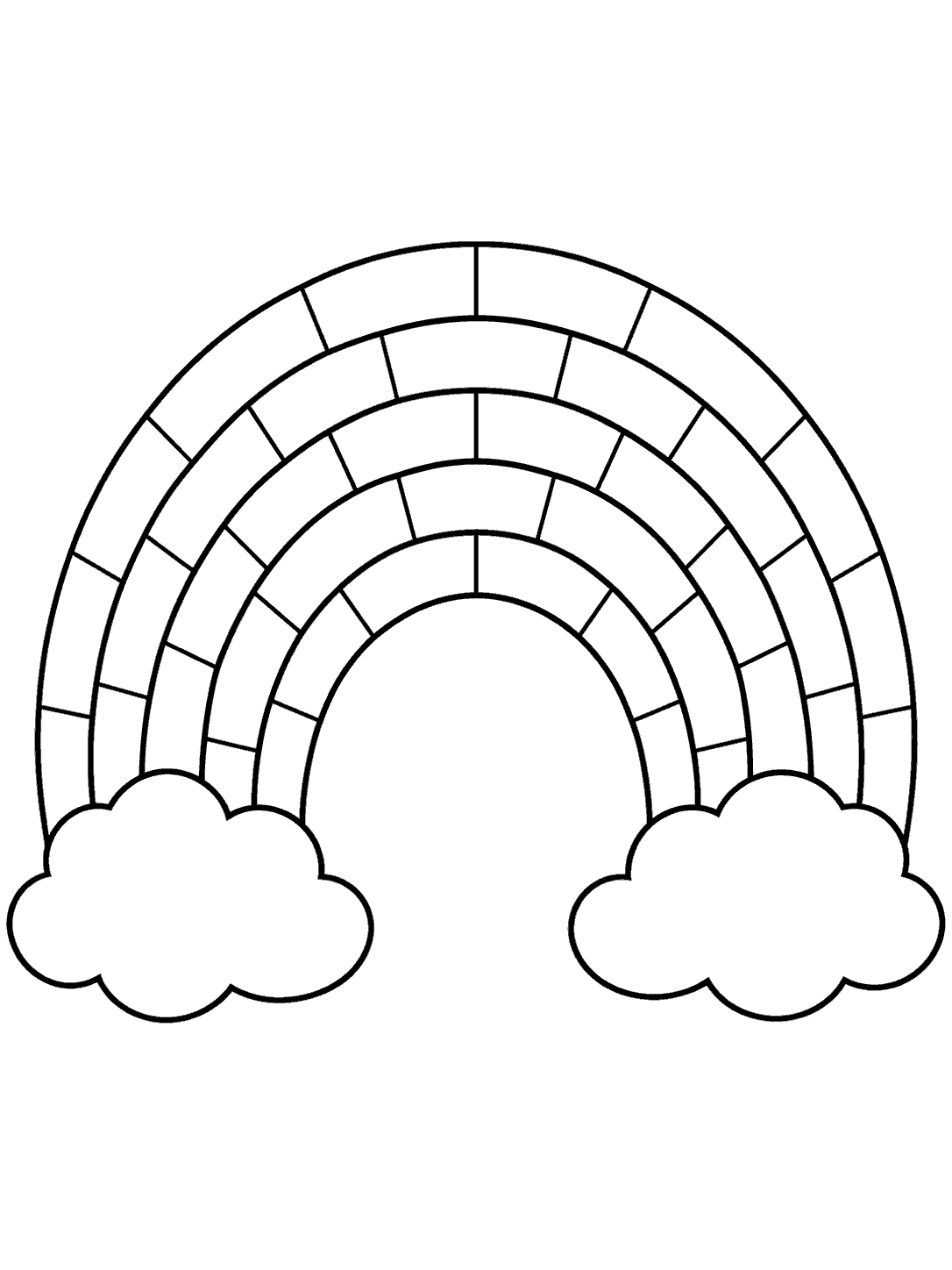 Printable black-outline coloring page with a large segmented rainbow and two clouds on white.
