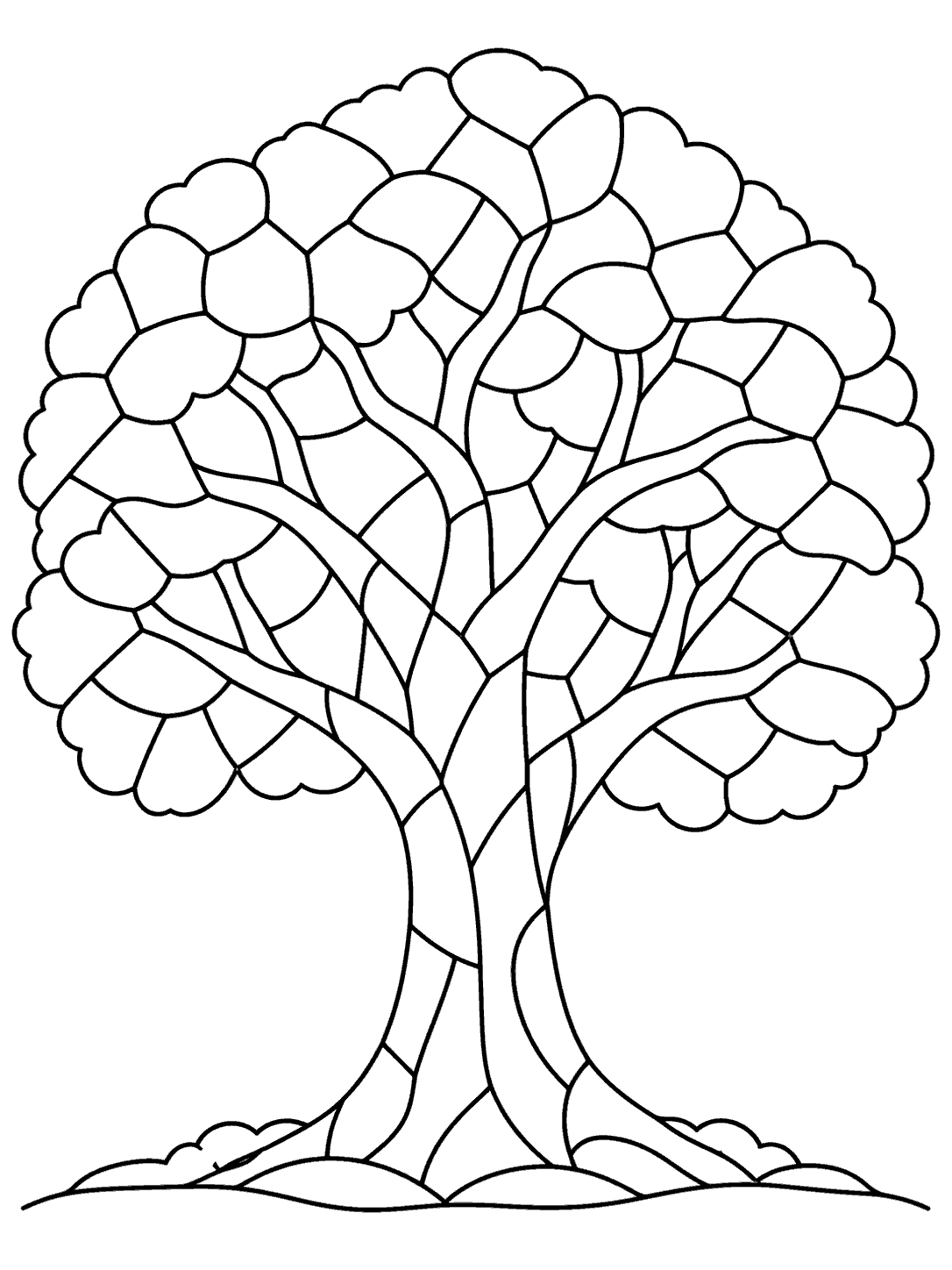 Printable mosaic tree coloring page with spacious canopy shapes
