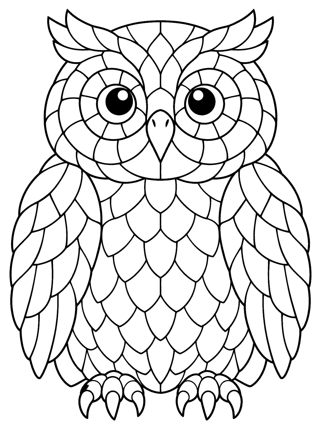 Printable owl mosaic coloring page with rounded head, large eyes, and spacious outlined sections.