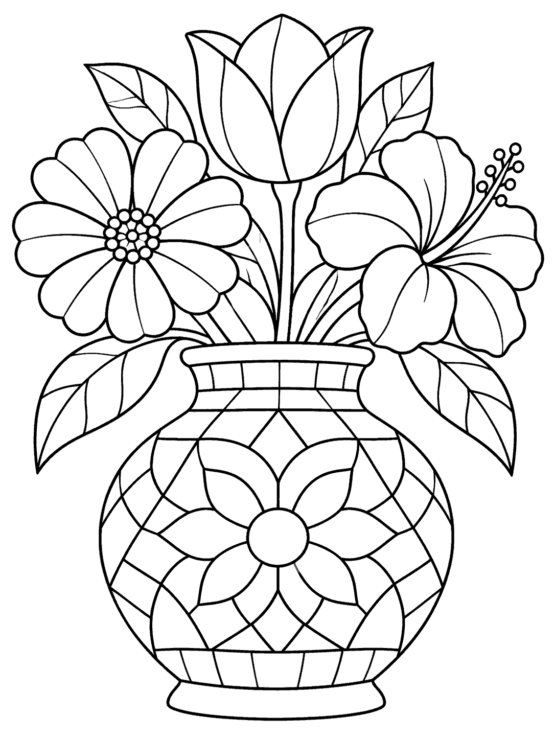 Black-outline coloring page of a wide mosaic-patterned vase holding three flowers and leaves on a white background.