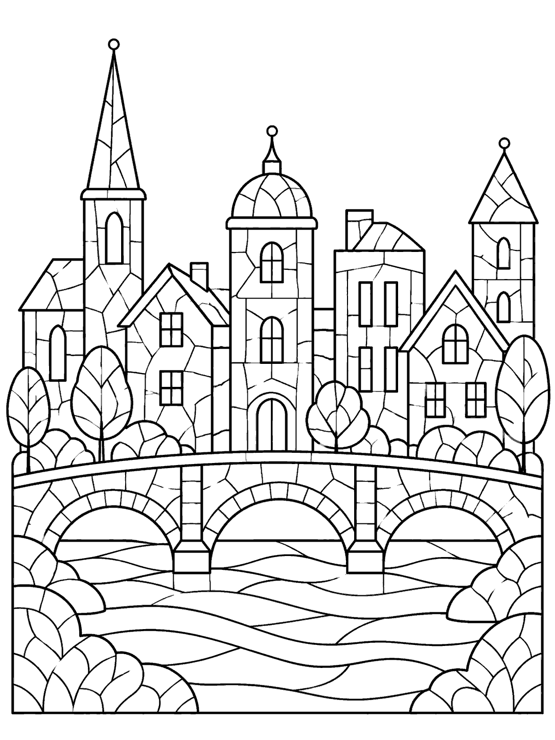 Portrait black-outline coloring page of a varied city skyline above a stone bridge, with mosaic building façades, trees, and generous white margins.