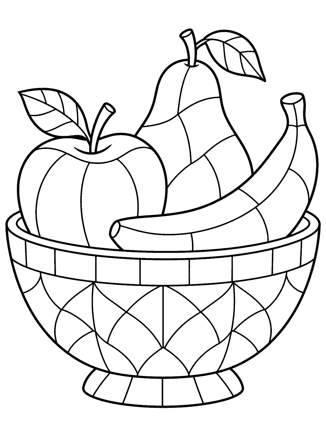 Black outline coloring page showing an apple, pear, and banana in a mosaic divided bowl.