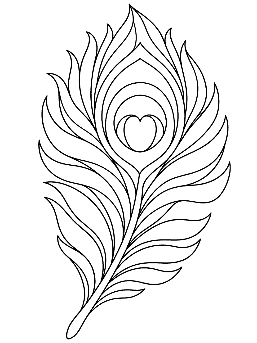 Printable black-outline mosaic peacock feather coloring page with spacious open sections and a large ringed eye