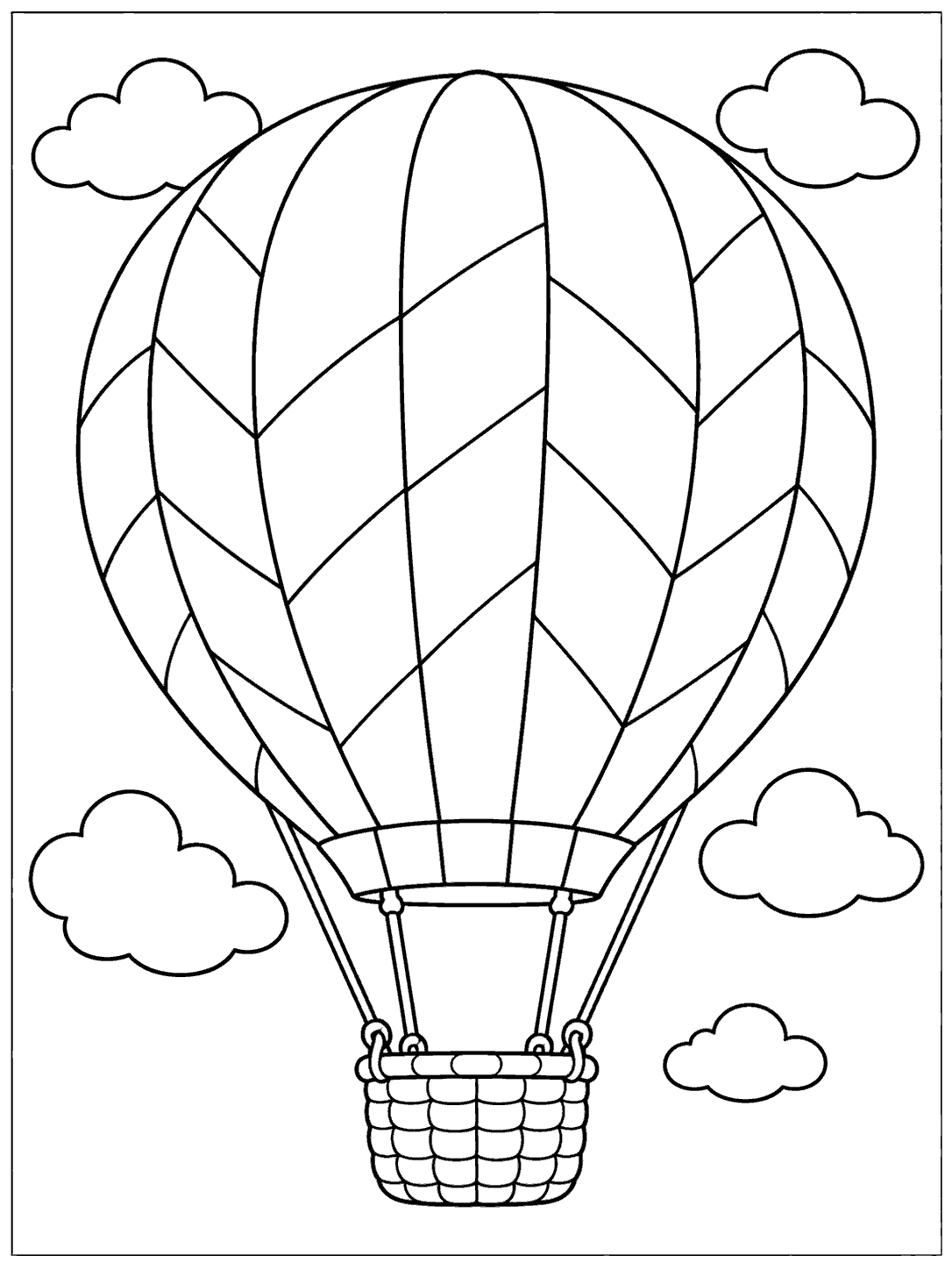 Printable black-outline hot air balloon coloring page with broad mosaic panels, ropes, a basket, and cloud outlines.