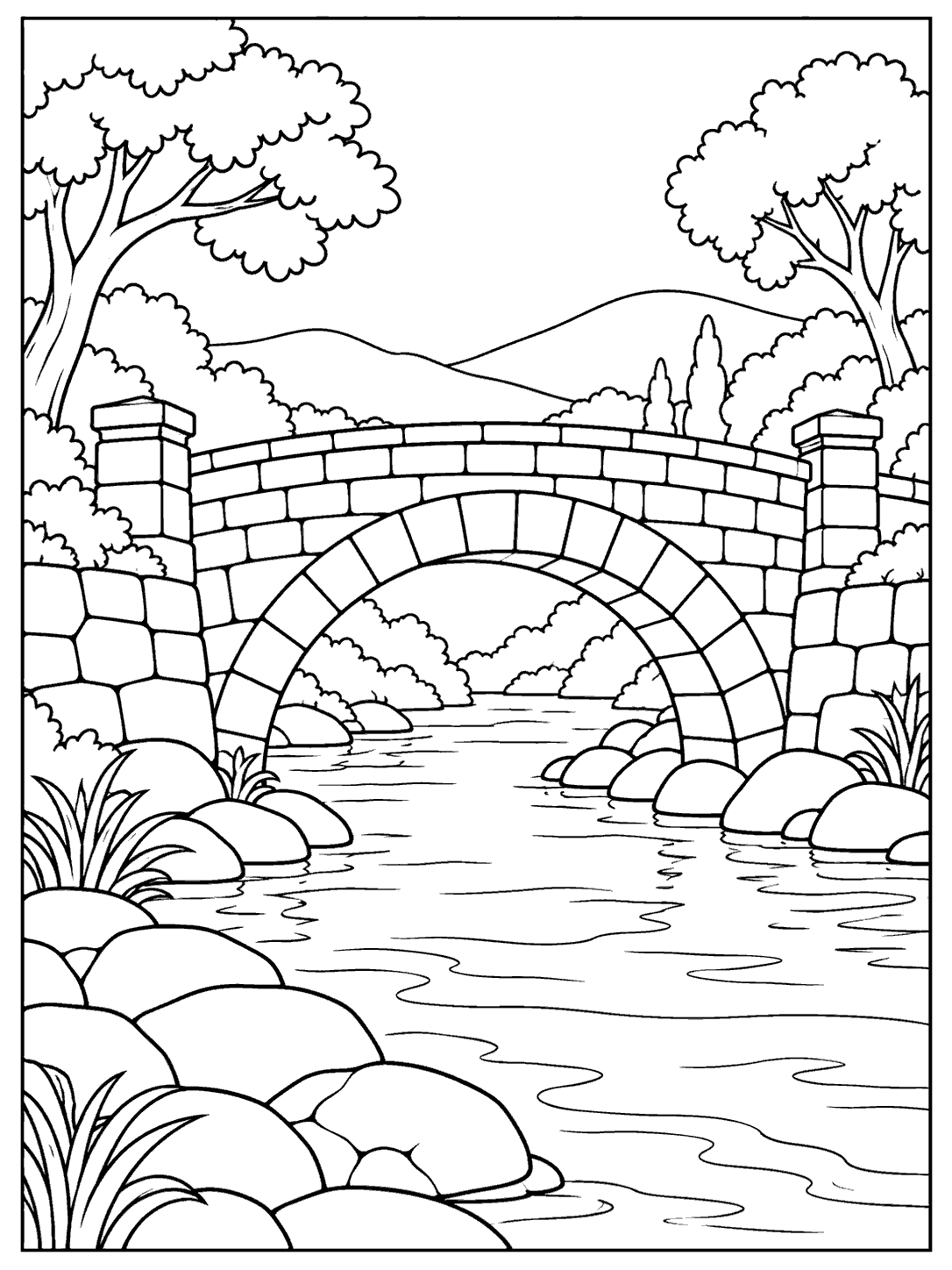 Portrait black-outline coloring page of a mosaic stone bridge over a calm river, with an arched span, blockwork, rocks, and trees.