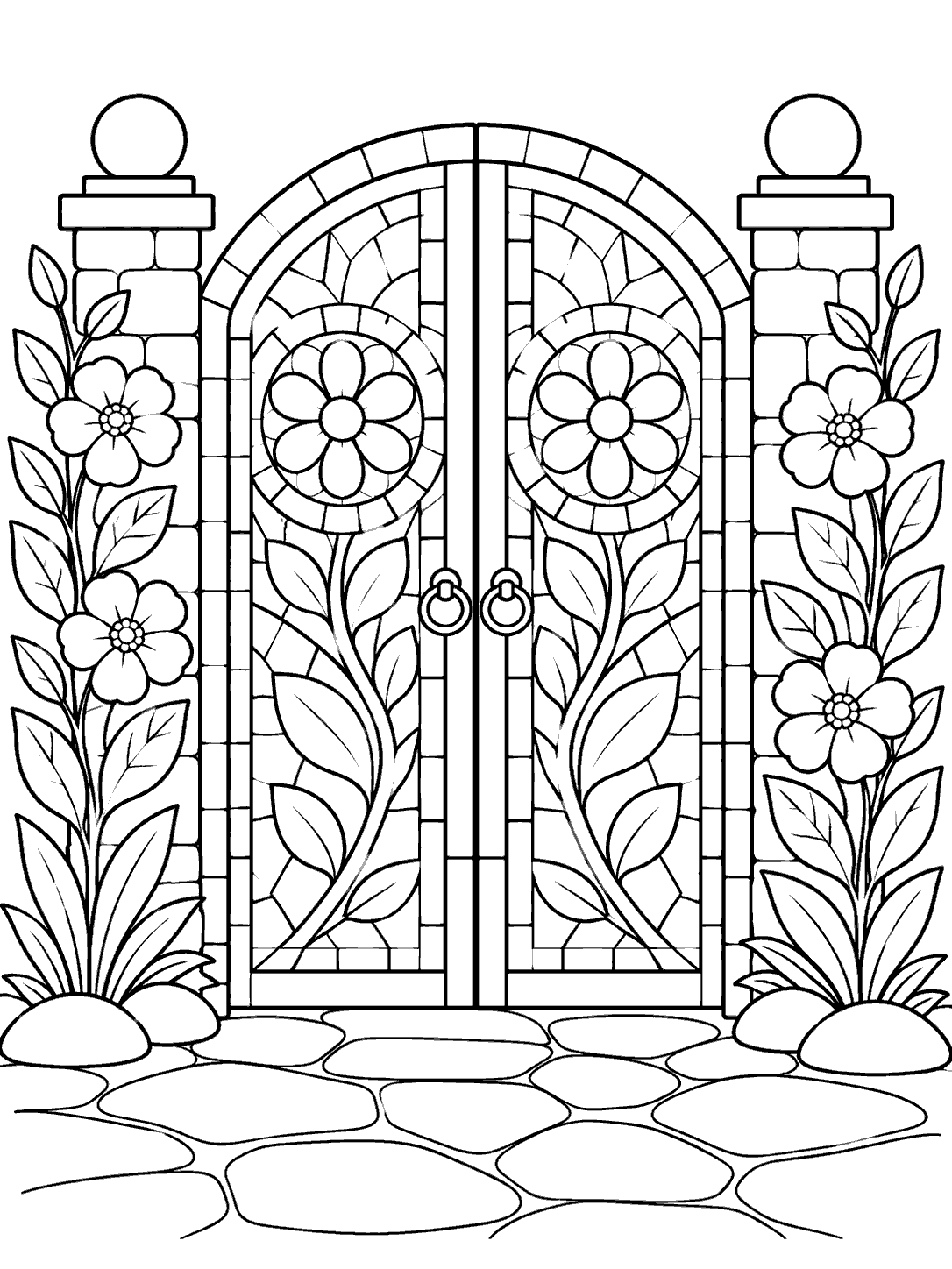 Black outline coloring page of an arched mosaic garden gate, with flowers, broad leaves, and a stone path.