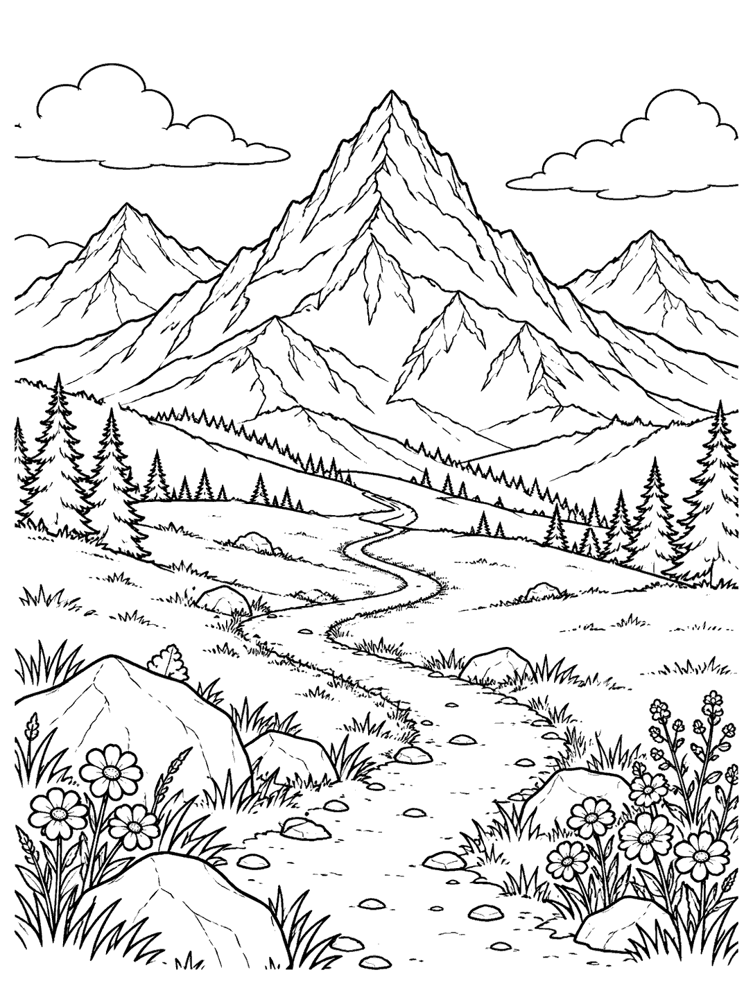 Mountain summit coloring page with a winding trail, distant peaks, rocks, and wildflowers
