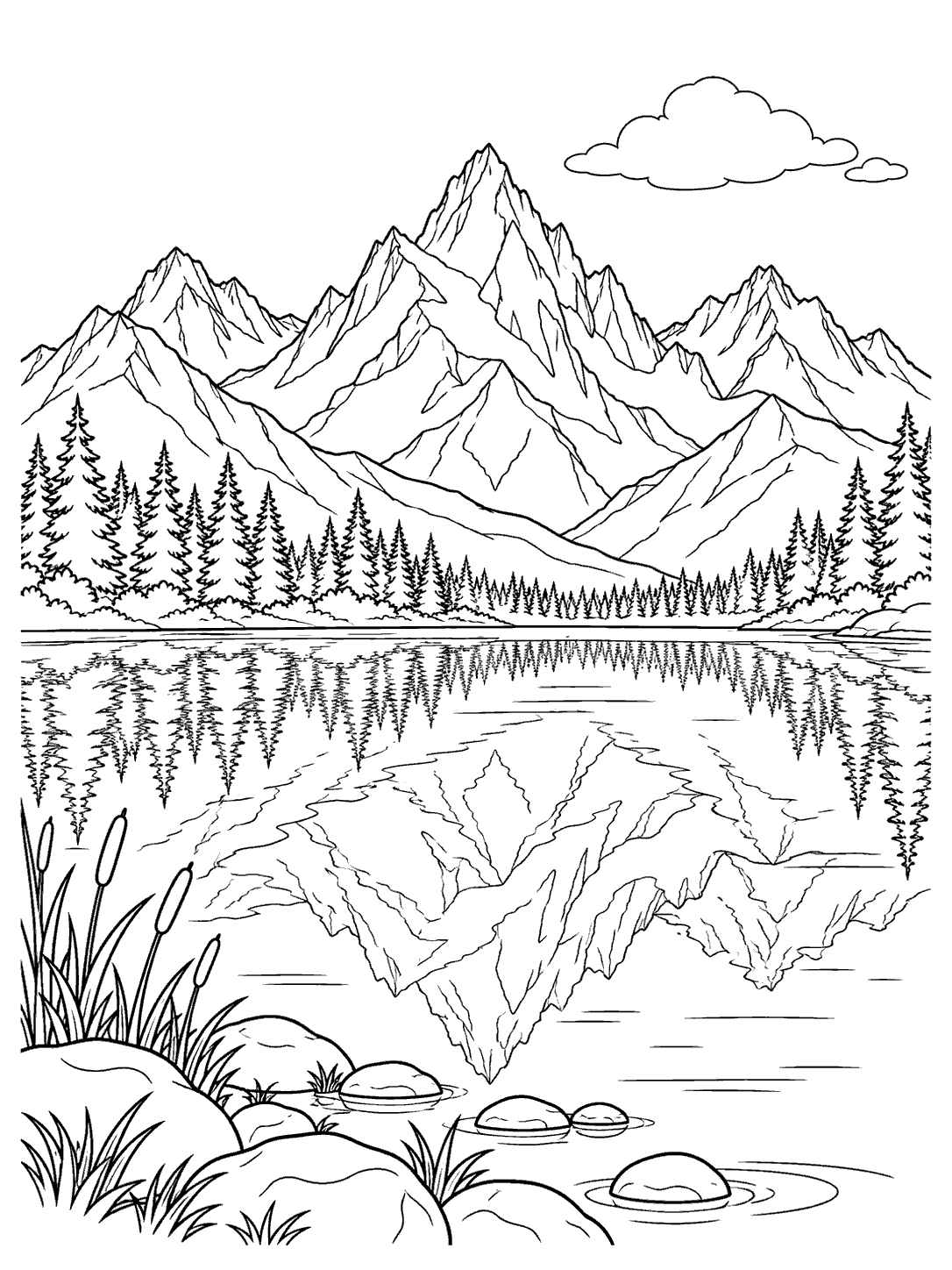 Mountain lake coloring page with jagged peaks, reflected mountains, shoreline stones, reeds, and a cloud.