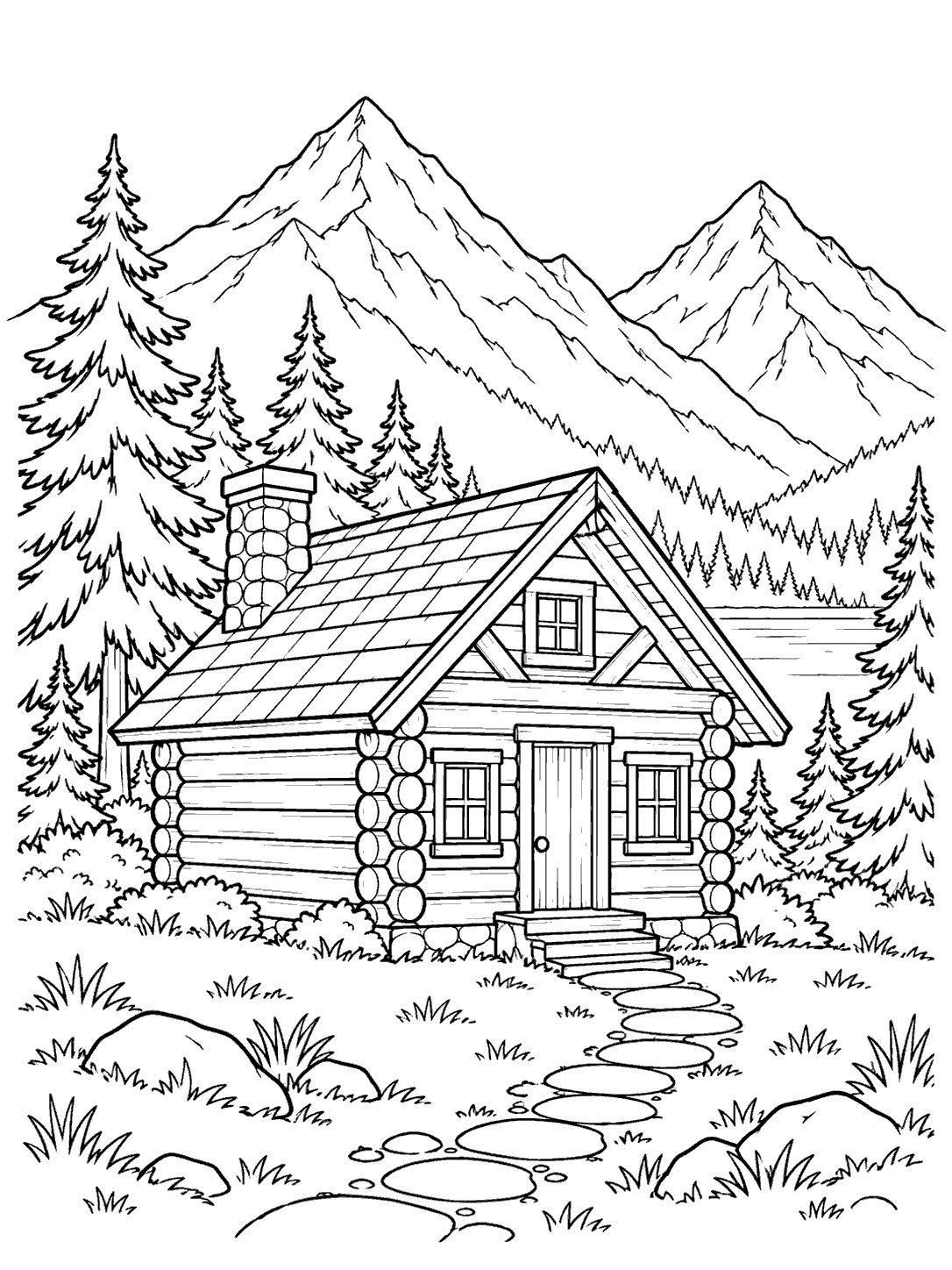 Mountain cabin coloring page with two tall peaks, evergreen trees, grass, and a winding path.