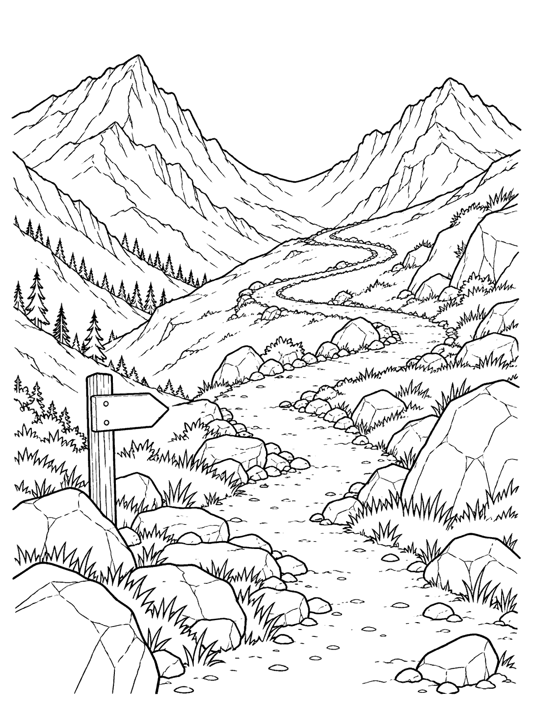 Mountain coloring page with a broad switchback trail, distant peaks, boulders, and a blank wooden trail marker.