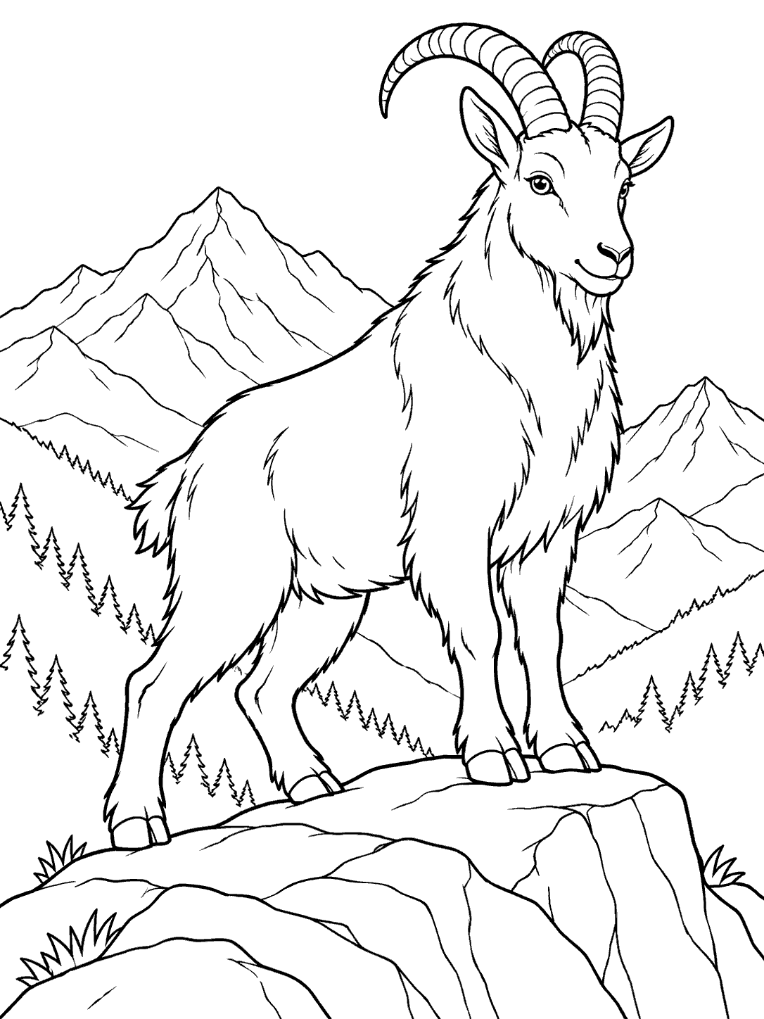 Mountain goat with curved horns standing on a rocky ledge, with mountain peaks and pine trees behind it, in a black-and-white coloring page.