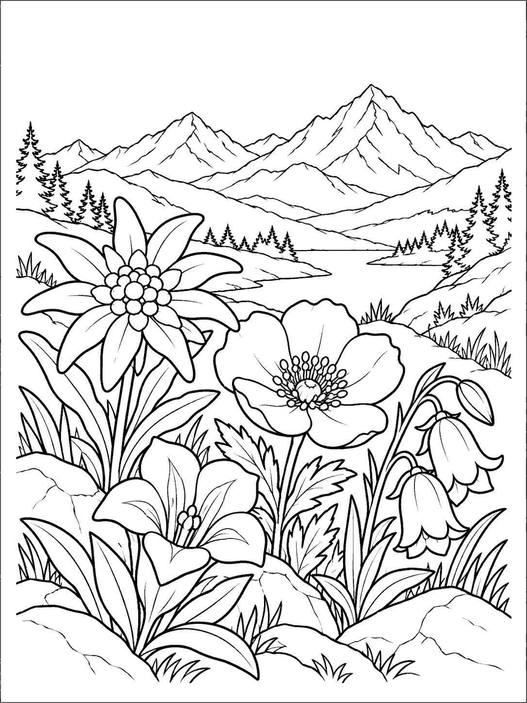 Mountain wildflower coloring page with oversized alpine blooms, trees, and a mountain lake.