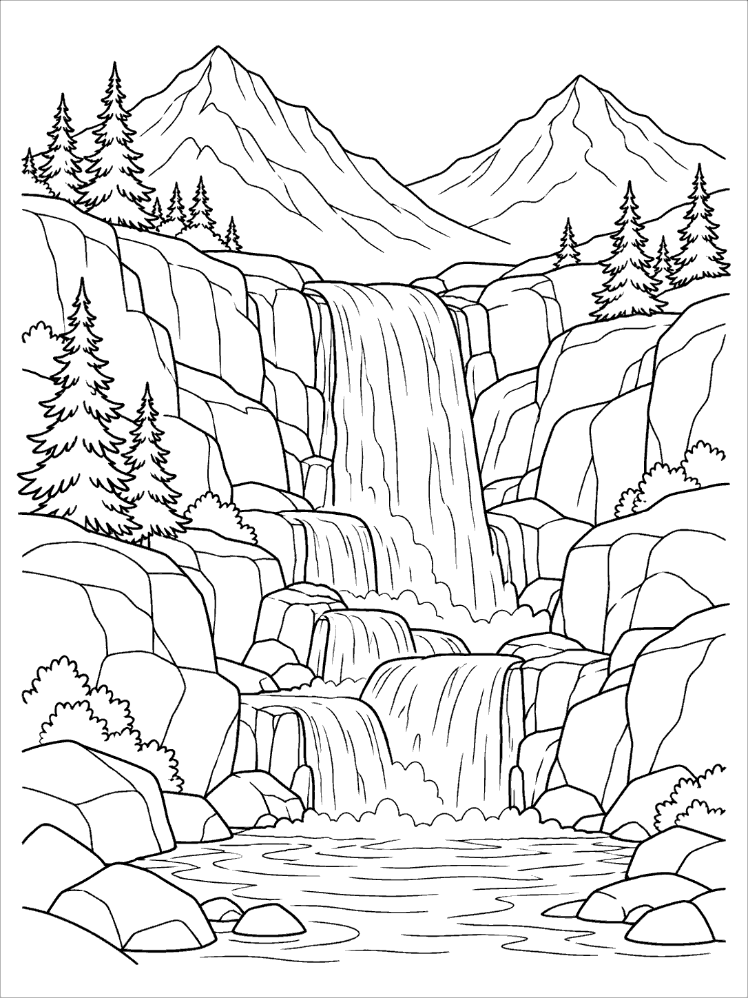 Black and white mountain waterfall coloring page with two peaks, sparse evergreens, stepped rocks, and a pool.