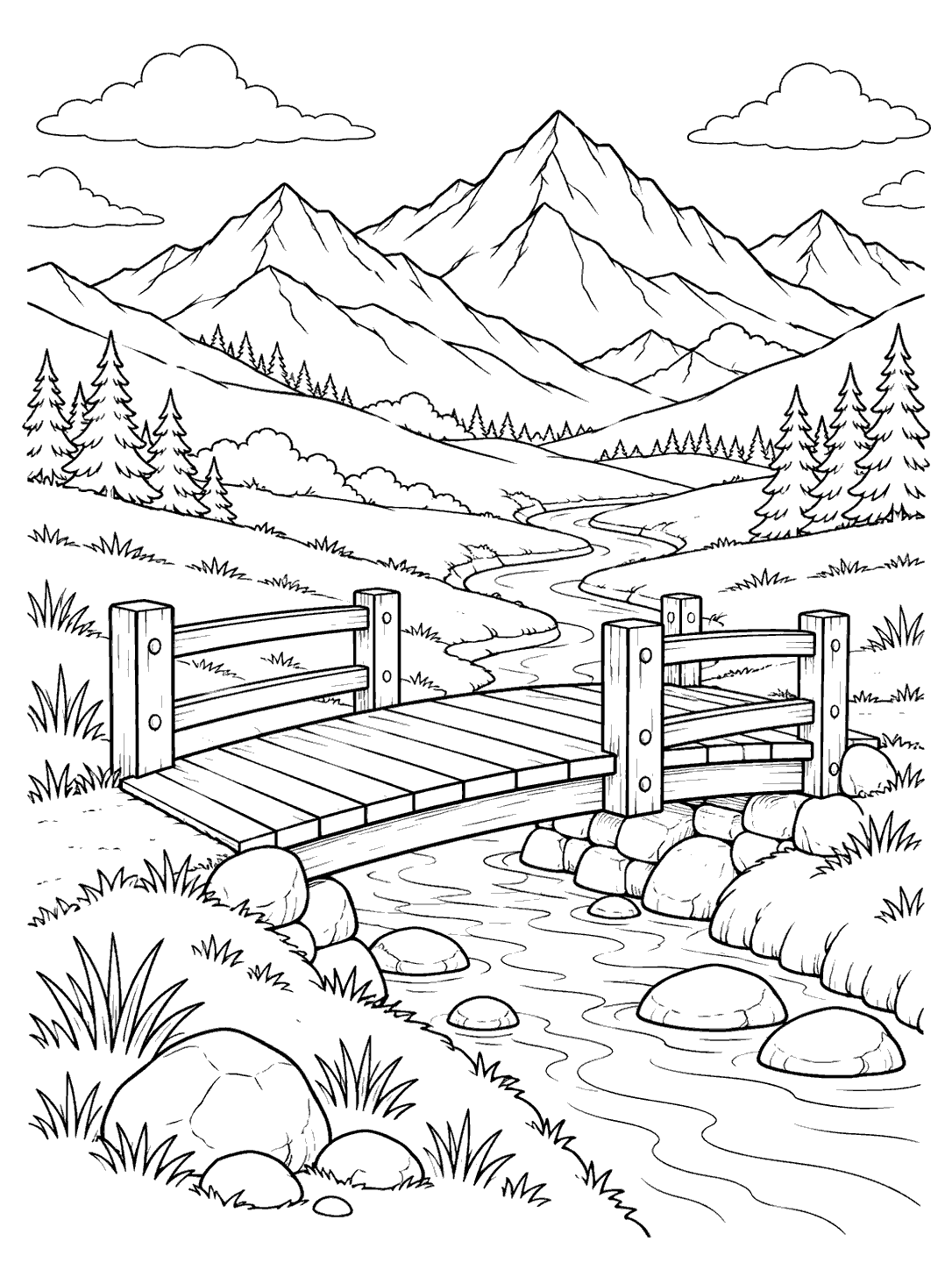 Printable black-and-white coloring page of a wooden bridge crossing a stream in a pine-lined mountain valley.