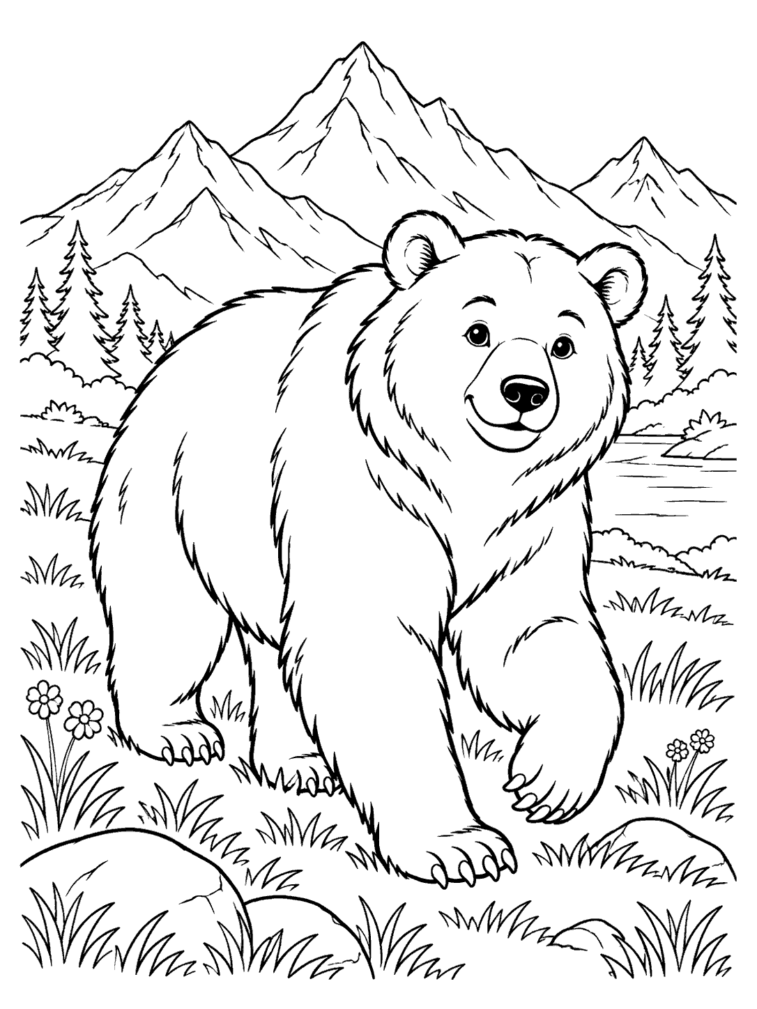 Friendly bear walking through a mountain meadow with peaks, trees, grasses, and flowers in a black-and-white coloring page.
