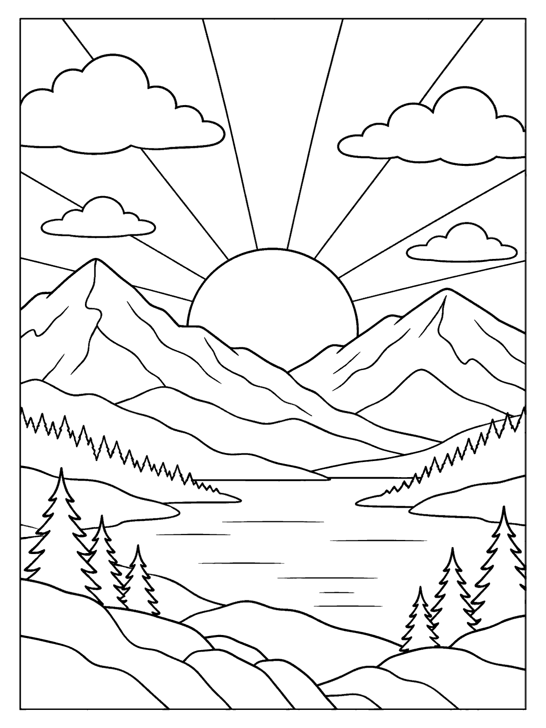 Mountain sunrise coloring page with layered ridges, clouds, pines, and a lake