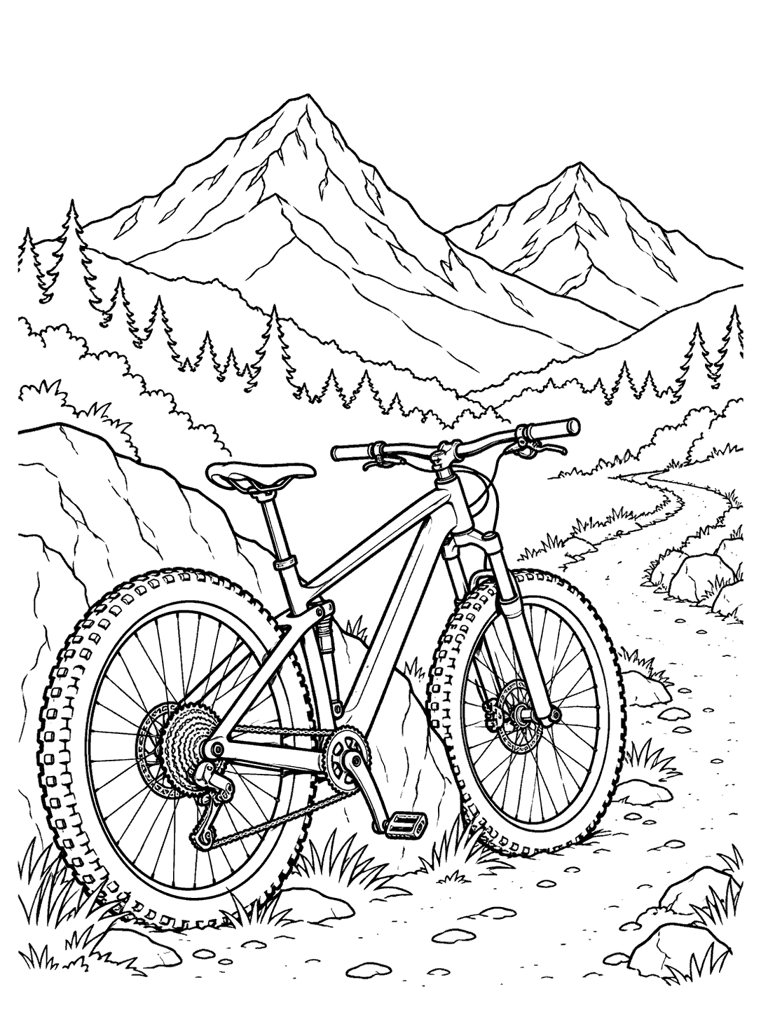 Mountain bicycle coloring page with a winding trail, trees, and two mountain peaks