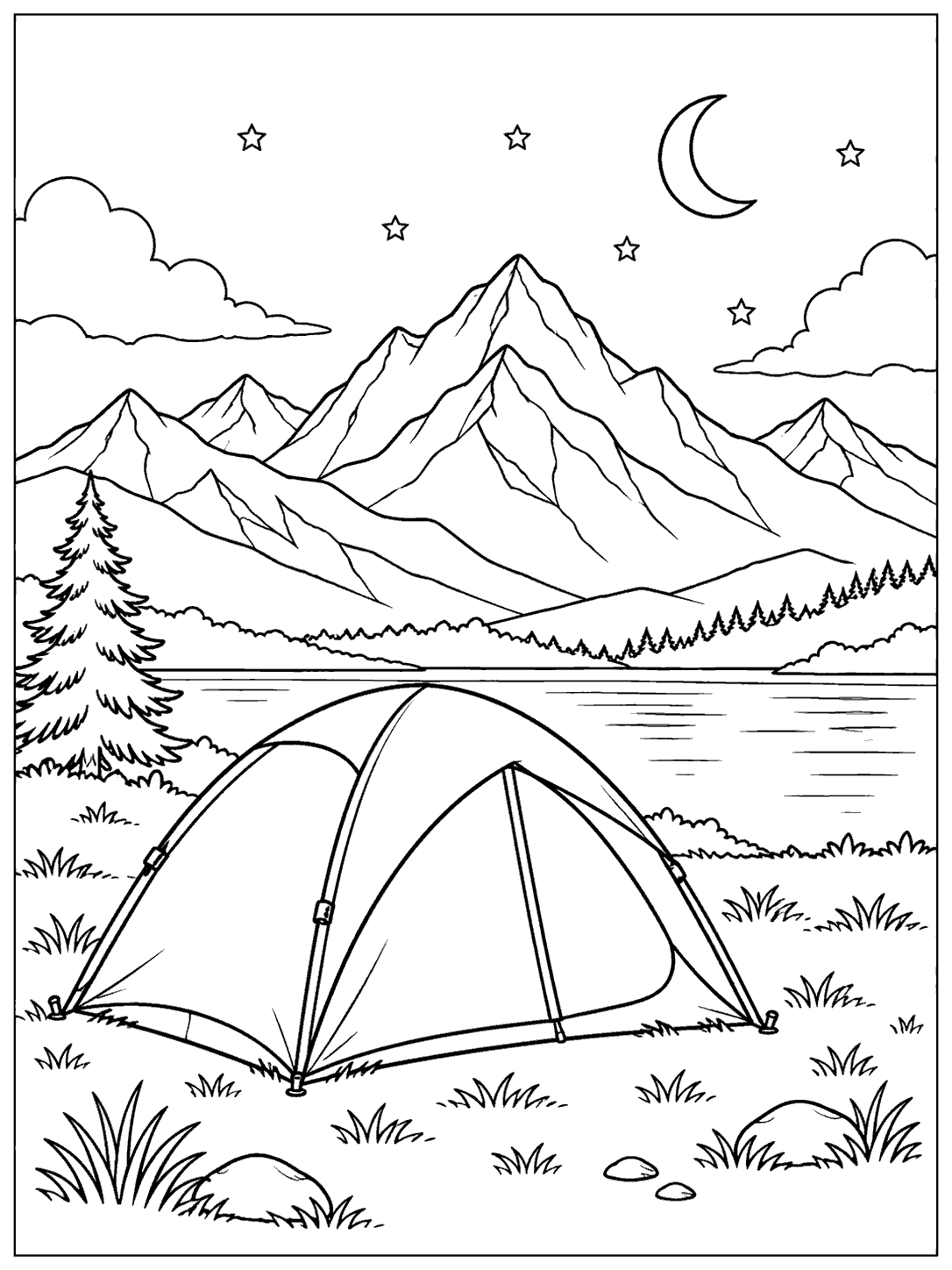 Black line art coloring page of a dome tent in a grassy alpine meadow beneath a crescent moon, stars, pine tree, and mountain range