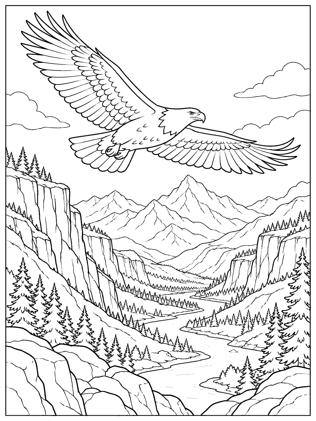 Black-and-white mountain eagle coloring page with an eagle soaring above a river valley framed by cliffs and pine trees.