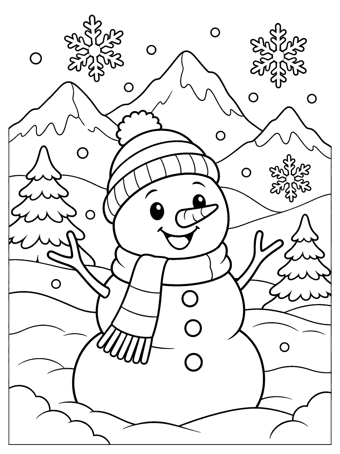 Mountain snowman coloring page among snowy peaks
