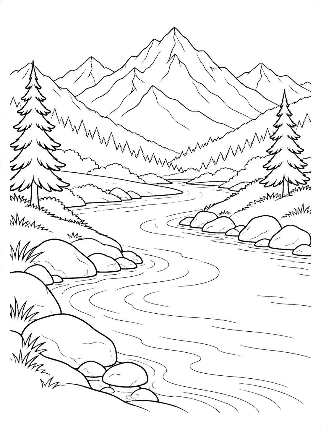 Mountain river coloring page through a broad valley