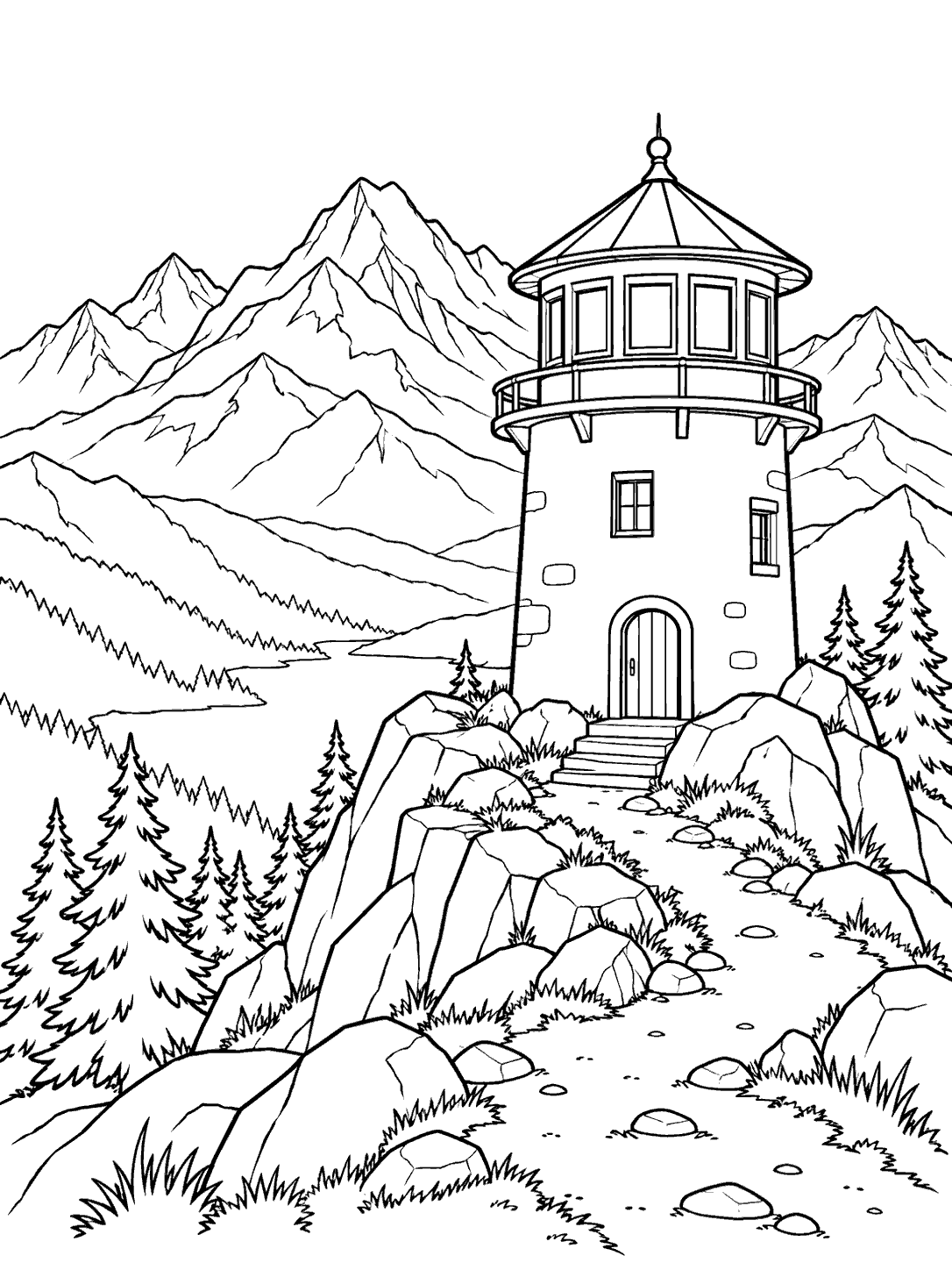 Alpine lookout tower on a rocky ridge with mountain peaks, pines, and a winding path coloring page