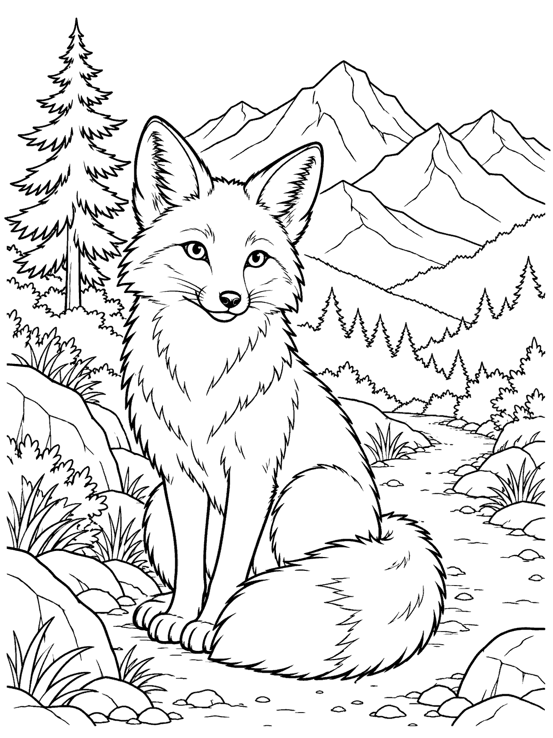 Mountain fox coloring page with a seated fox, winding trail, pine trees, and layered peaks