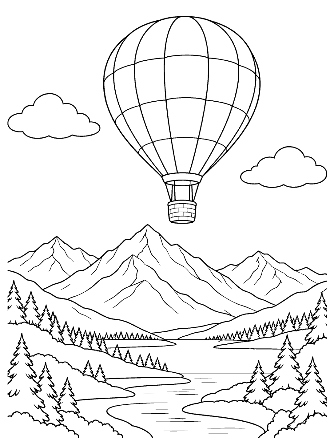 Mountain hot air balloon coloring page above peaks, with two clouds, a winding valley river, and pine trees.