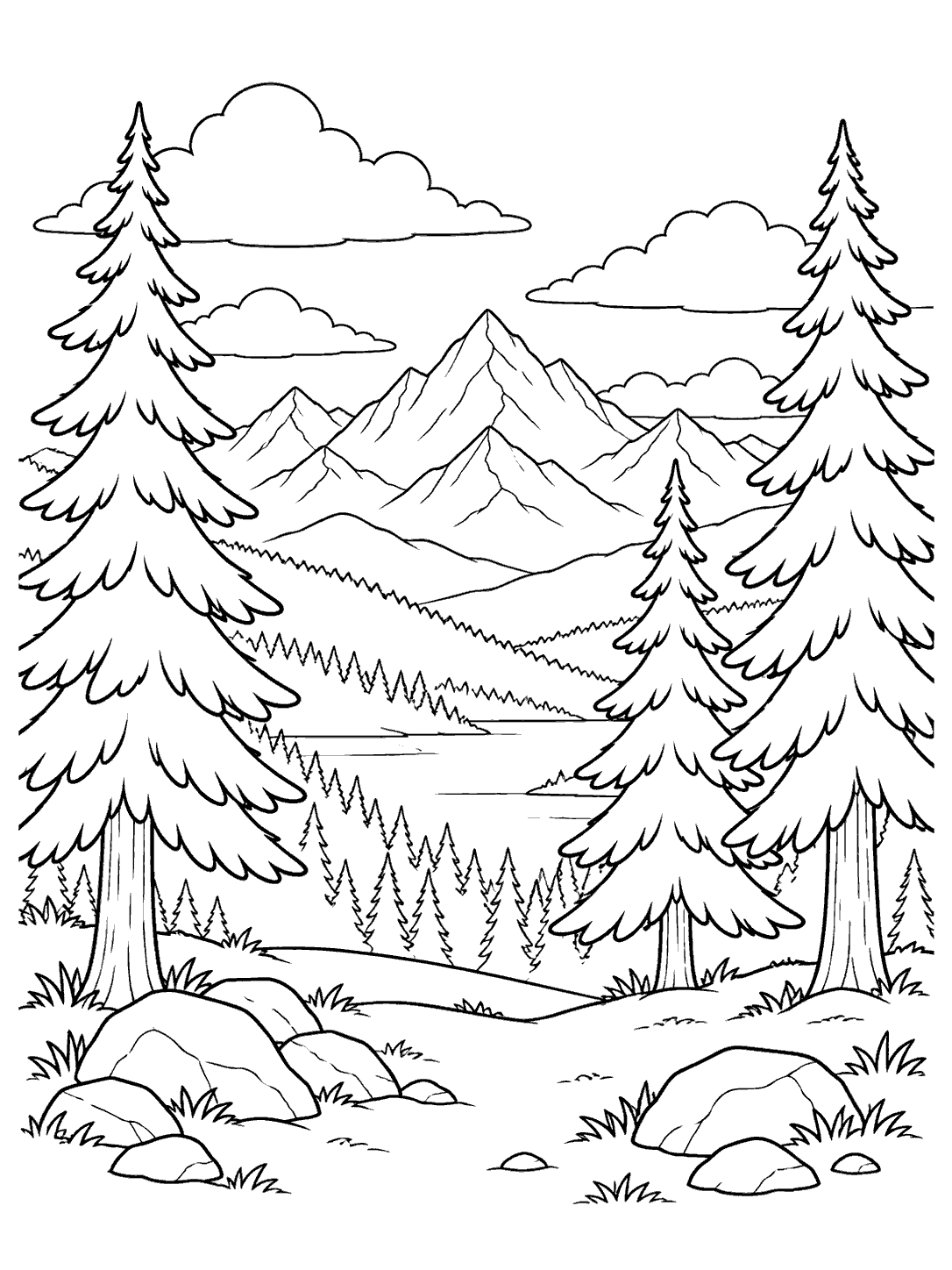 Black ink mountain coloring page with three tall evergreen trees framing layered mountains and a rocky foreground clearing