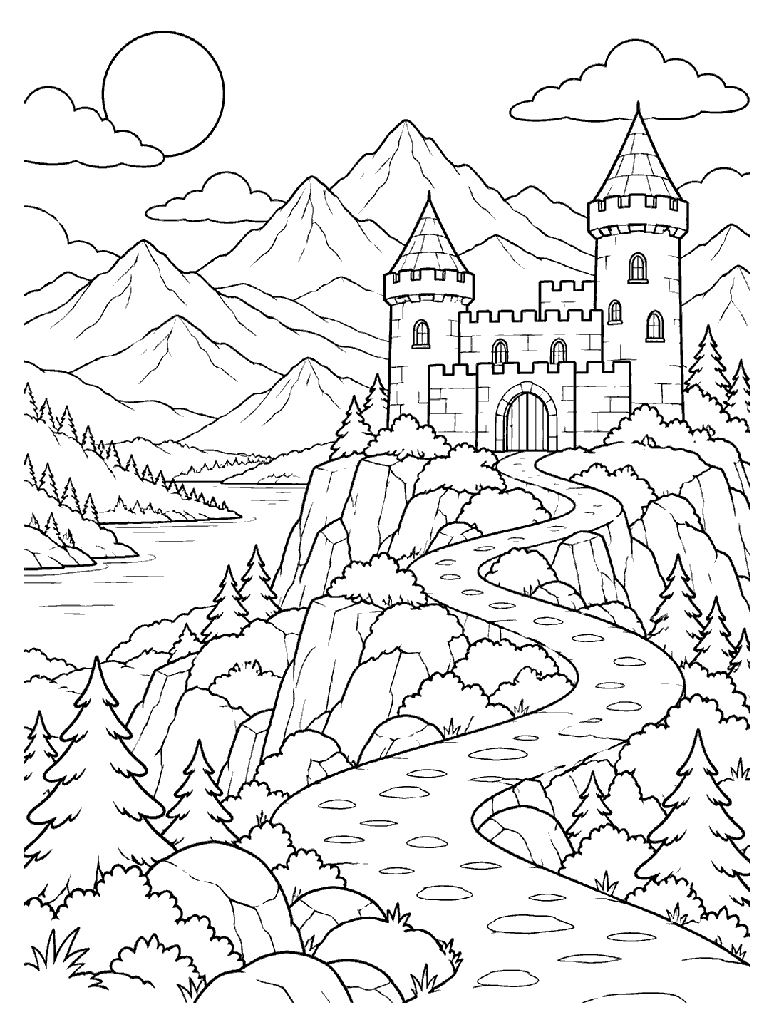 Mountain castle coloring page with two towers, a winding path, and layered peaks