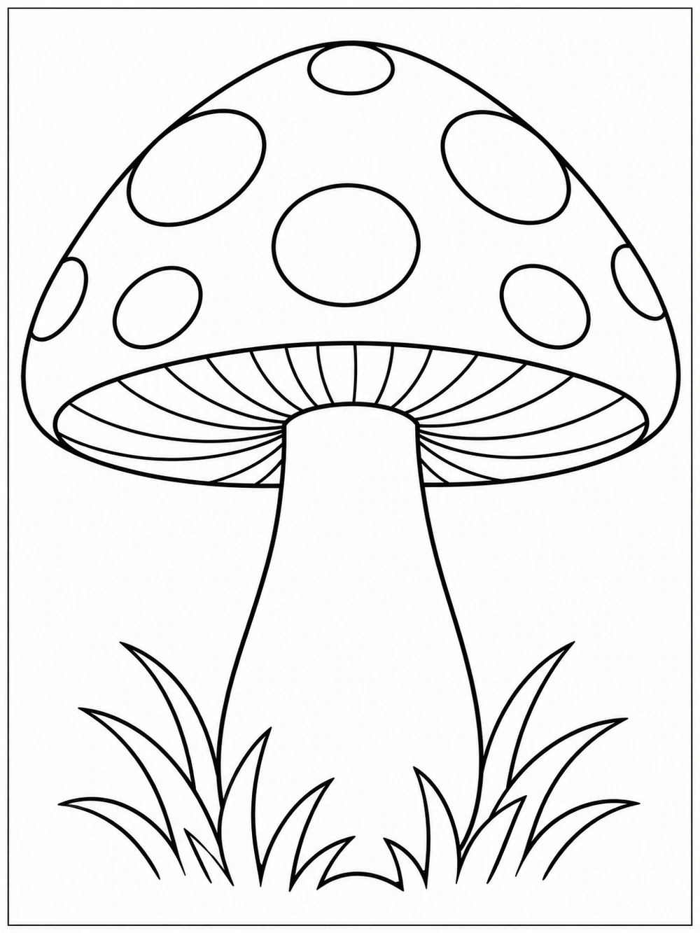 Large spotted toadstool with a gently curved stem and grass at its base, drawn in black outlines on white.