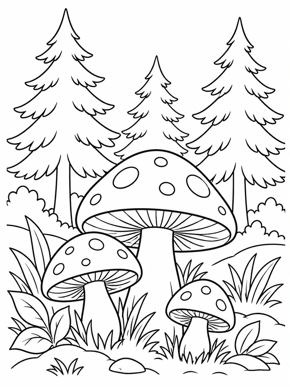 Three spotted mushrooms among pine trees, grasses, and leafy plants on a forest floor.