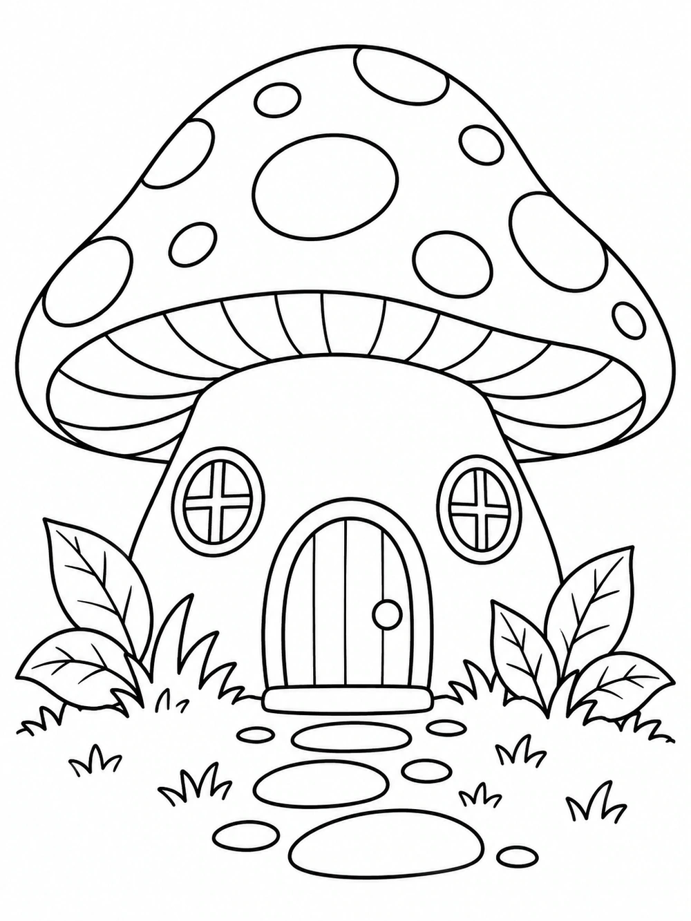 Black-and-white mushroom house coloring page with a broad spotted cap, small round door, two windows, stepping stones, and leaves at the base.