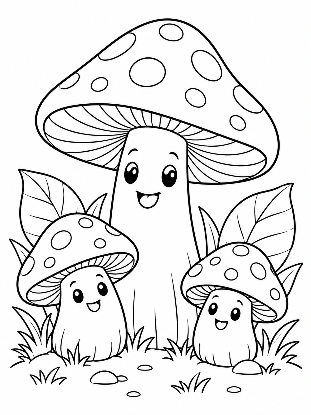 A large spotted mushroom with two smaller mushrooms and broad leaves on a patch of ground.