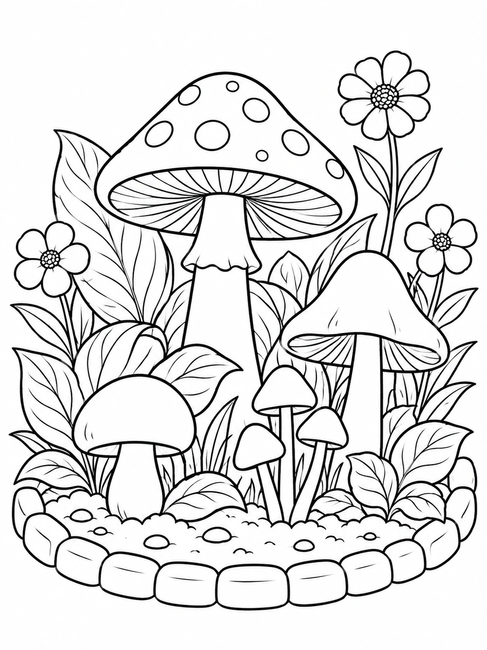 Several differently shaped mushrooms grow among leafy plants and three flowers in a small stone-edged garden bed.
