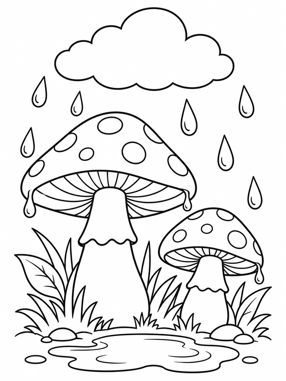 Two spotted mushrooms beneath a cloud with falling raindrops, grass, and a puddle