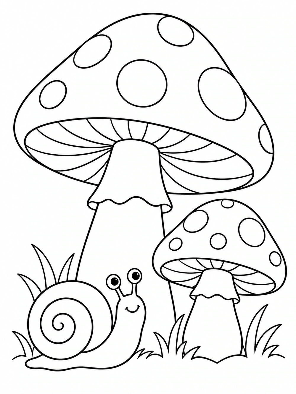 A friendly snail with a spiral shell beside two spotted mushrooms and a few grass blades.